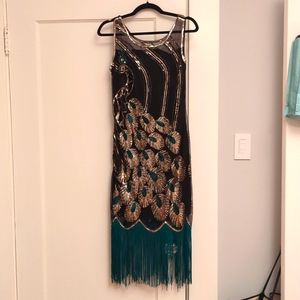 Flapper styler black midi sleeveless dress w green gold sequin peacock design